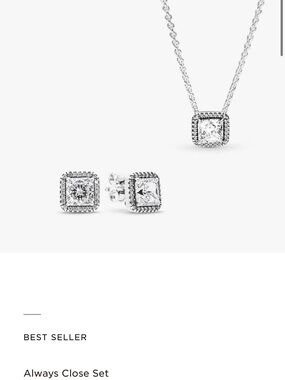 Silver Cubic Zirconia Necklace & Stud Earrings. Square Sparkle Halo set.